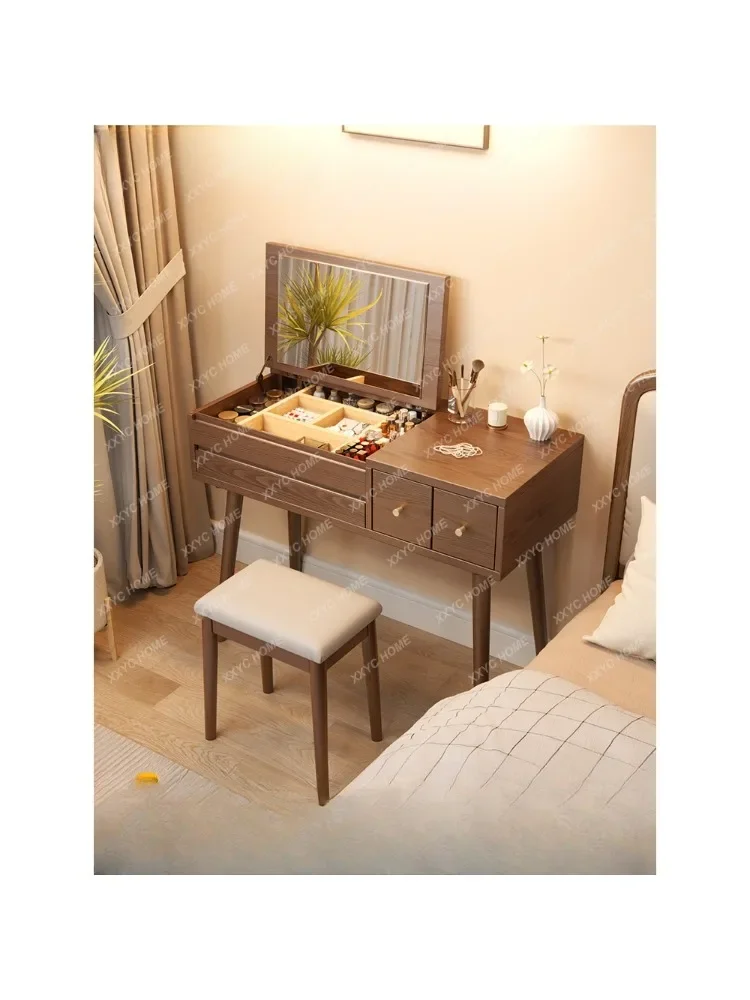 Dresser Desk Integrated Mirror Hidden Dresser Folding Storage Cabinet Solid Wood Flip Makeup Table