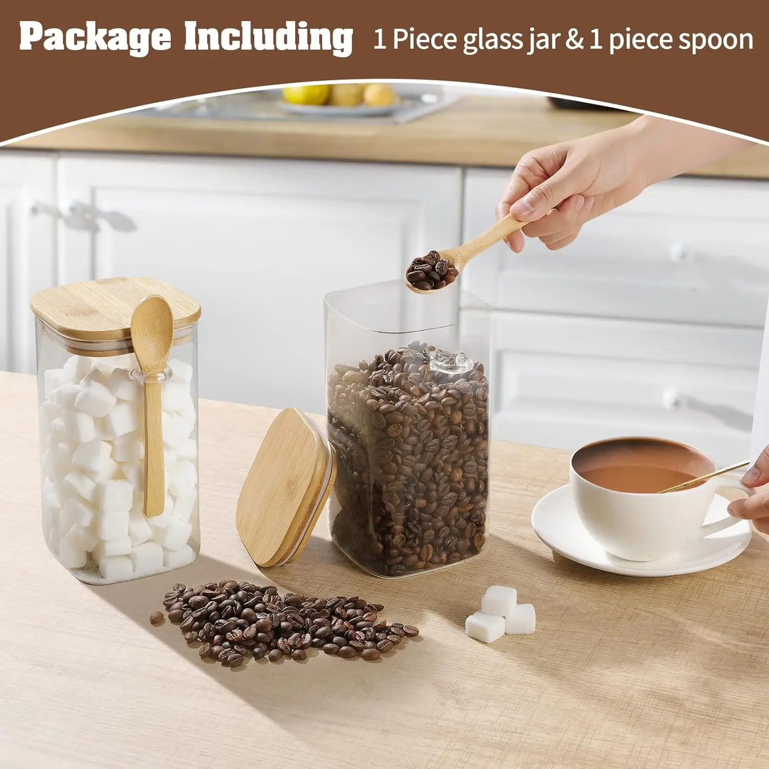 Glass Square Storage Jar with Bamboo Lids Spoon Glass Coffee Canister Food Container for Beans Pasta Candy Spice Rice Loose Tea