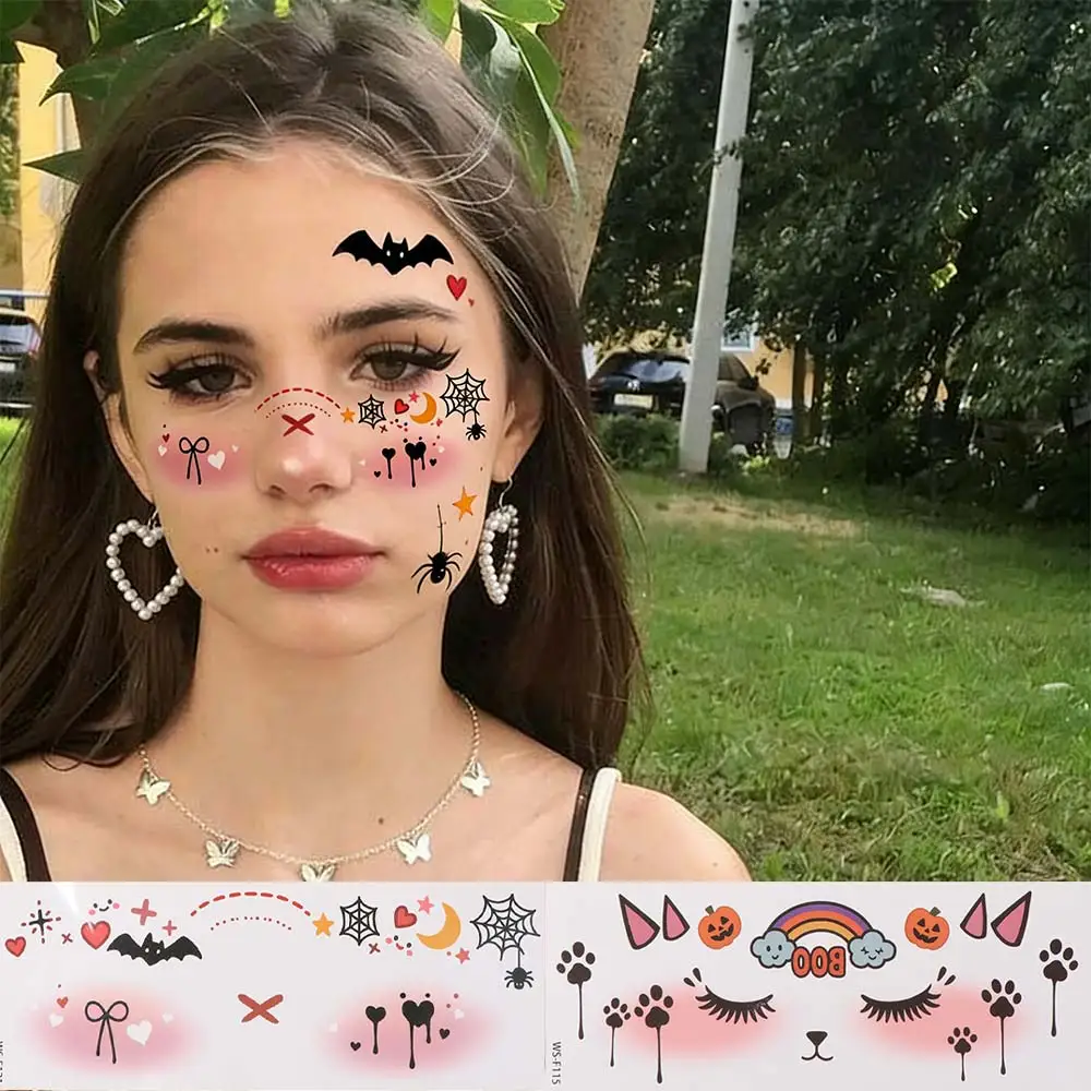 Disposable Halloween Face Tattoo Portable Long-acting Cheek Temporary Stickers Waterproof Transparent Bat Face Stickers Ball
