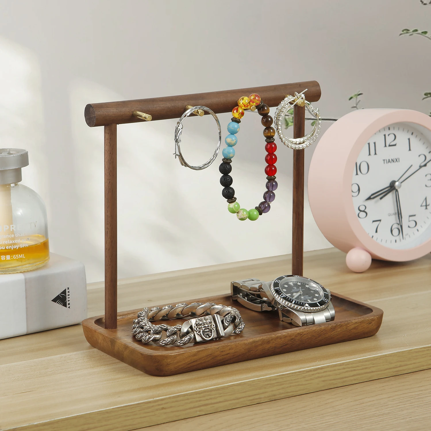 Walnuss-Schmuckhalter, Armband, Ohrringe, Halskette, Uhr, Schmuck-Organizer, Ständer mit Holzsockel, modernes Aufbewahrungsregal – Detail 5
