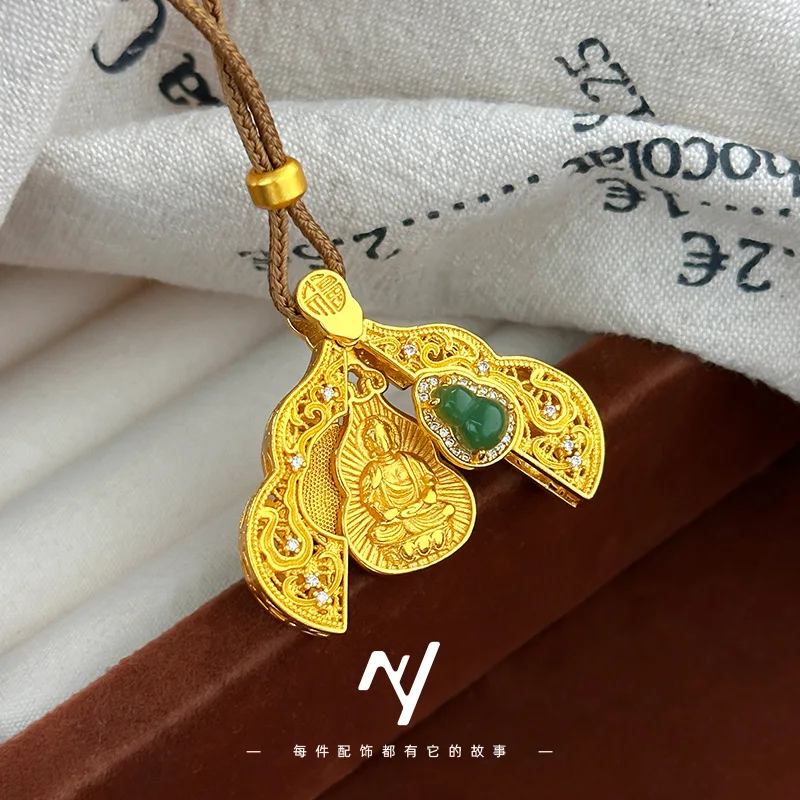 

2025 Gold Store 9999 24K real gold gourd and great sun Tathagata green gourd pendant for men and women braided rope necklace