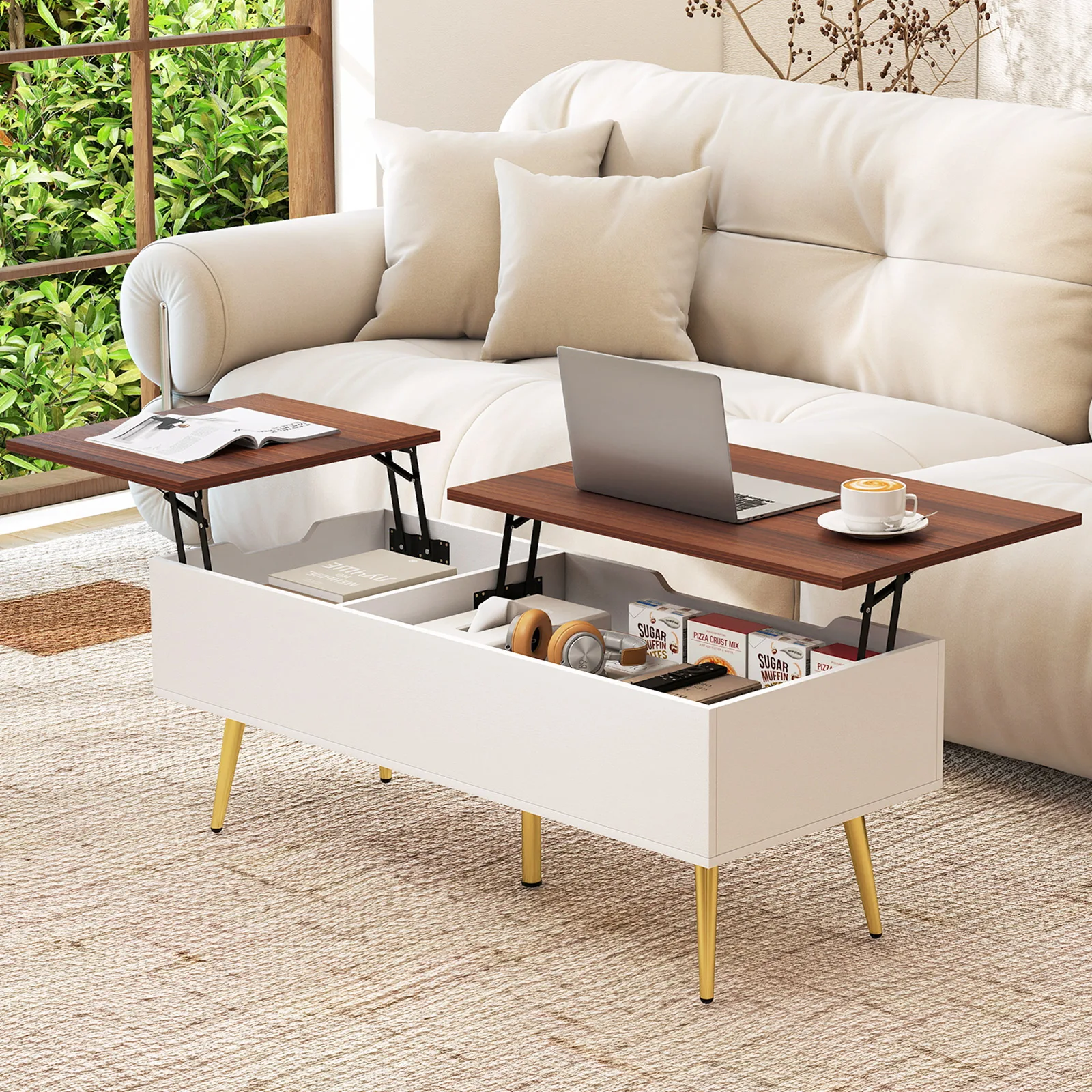 Lift Top Coffee Table with Split Top & 2 Hidden Compartments Tapered Metal Legs