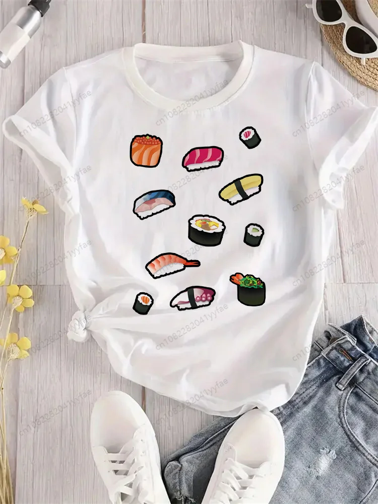 Mode dames T-shirt été mode T-shirt décontracté blanc drôle dessin animé Sushi imprimé T-shirt Hip Pop hauts T-shirt