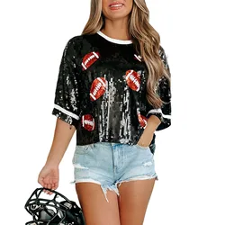 Damskie bluzy z cekinami Rugby Football Graphic Glitter Tops Crewneck Loose Pullovers Game Day Streetwear