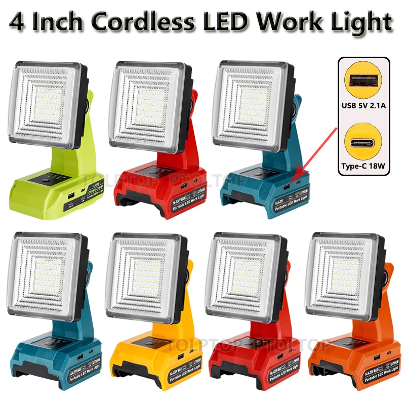 Luz de Trabalho Led sem Fios para Makita Bosch Dewalt Milwaukee Ryobi Black And Decker Craftsman 14.4v18v Li-ion Battery com Usb e Tipo-c