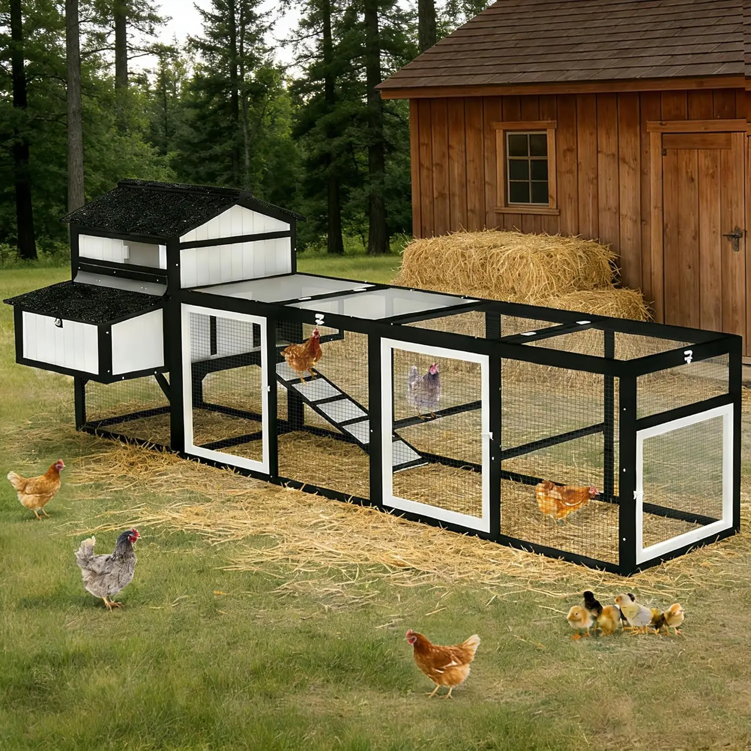 

116" Large Chicken Coop Wooden Hen House 28ft² for 4-6 Hens 4 Nesting Boxes 4 Perches Easy-Clean Slide Tray Backyard, Custom