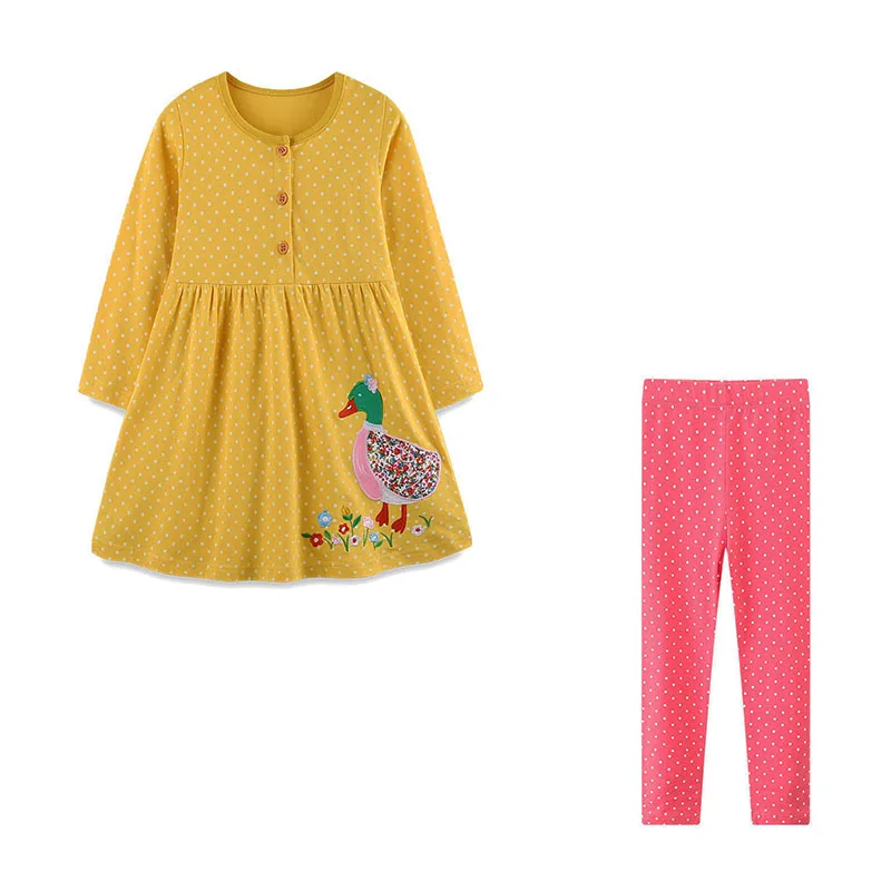 Duck Polka Dots 2 Pcs Dresses + Leggings Children's Clothing Sets For Autumn Spring Long Sleeve Kids Outfits Sets Baby Clothes