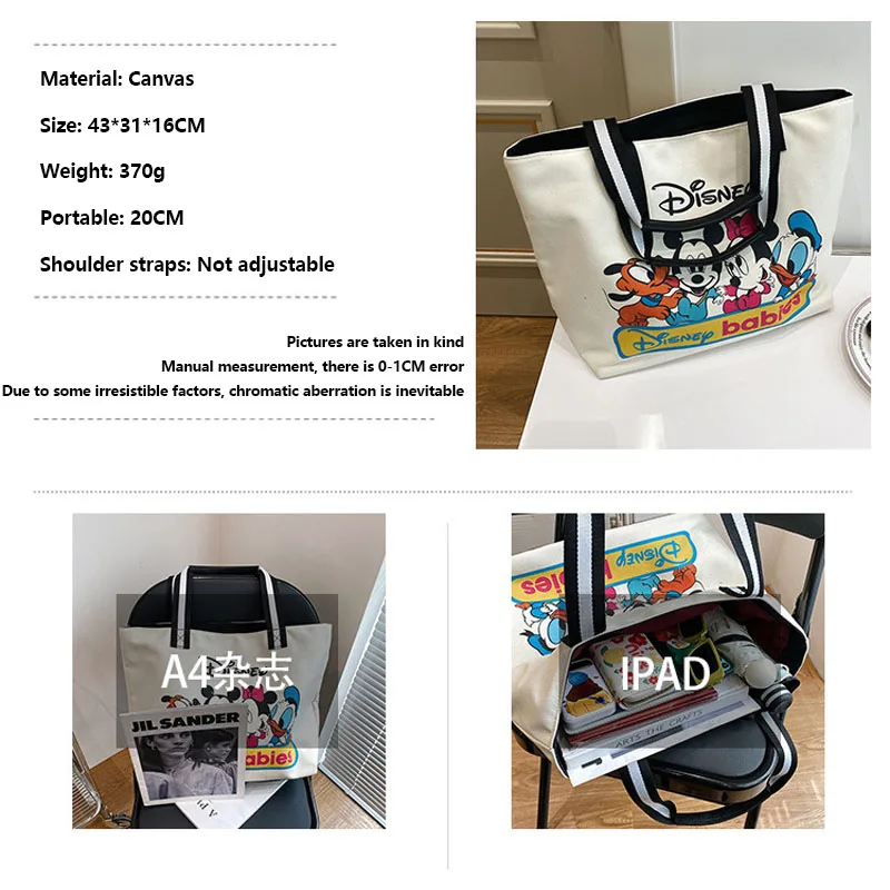 Cartoon Mickey Mouse Canvas Bag Disney Babies Women's Shoulder Bag Korean Style Handbag Large Capacity Shoulder Tote Bags