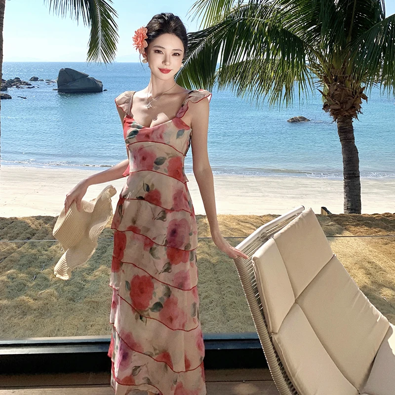 

Spot Goods New printed holiday dress with layered cake skirt