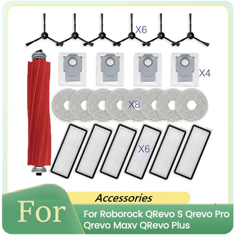 M12K-25PCS For Roborock Qrevo S/Qrevo Pro/Qrevo Maxv/Qrevo Plus Vacuum Cleaner Parts Main Side Brush Filter Mop Pad Dust Bag