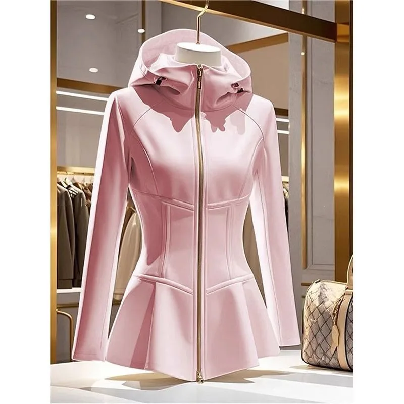 Women's Clothing Spring Coat New Hooded Short Tops Sweatshirts Jackets High-end Unique Cute Pink Sports Coat Long-sleeved Top