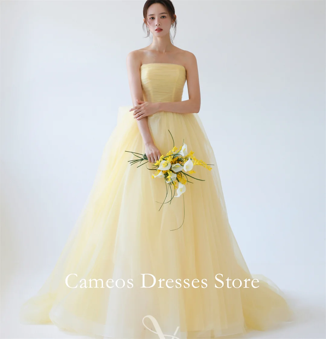 

SONDR Korea Strapless Yellow Backless Corset Evening Dress Customized Formal Prom Dress Tulle Simple 웨딩드레스 Occasion Party E