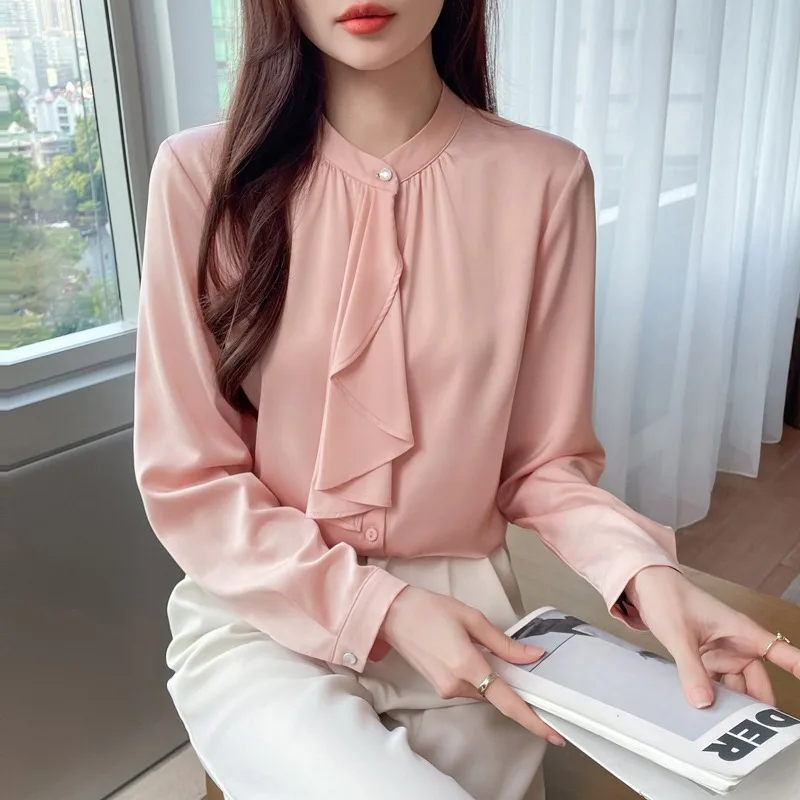 Blusas femininas vintage camisas de cor sólida moda solta verão arco roupas coreanas manga comprida chiffon casual feminino topos