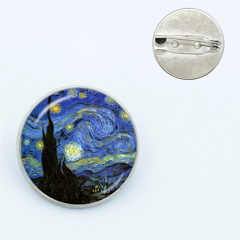 Van Gogh Art Starry Night Sunflower Brooches Men Women Glass Cabochon Dome Jewelry School Bag Brooch Pins Gift