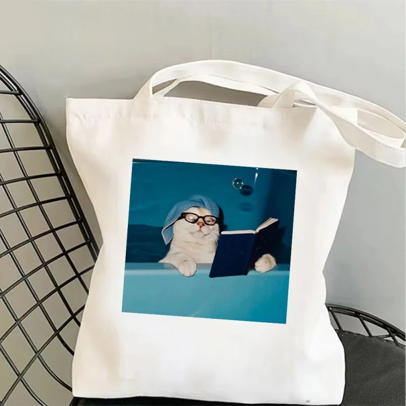Book Cat Canvas Bag Tote Bag Shoulder Bag Handbag Bathtub Reading Print Aesthetic Gift For Women Girls Reader Lover Chic Bag