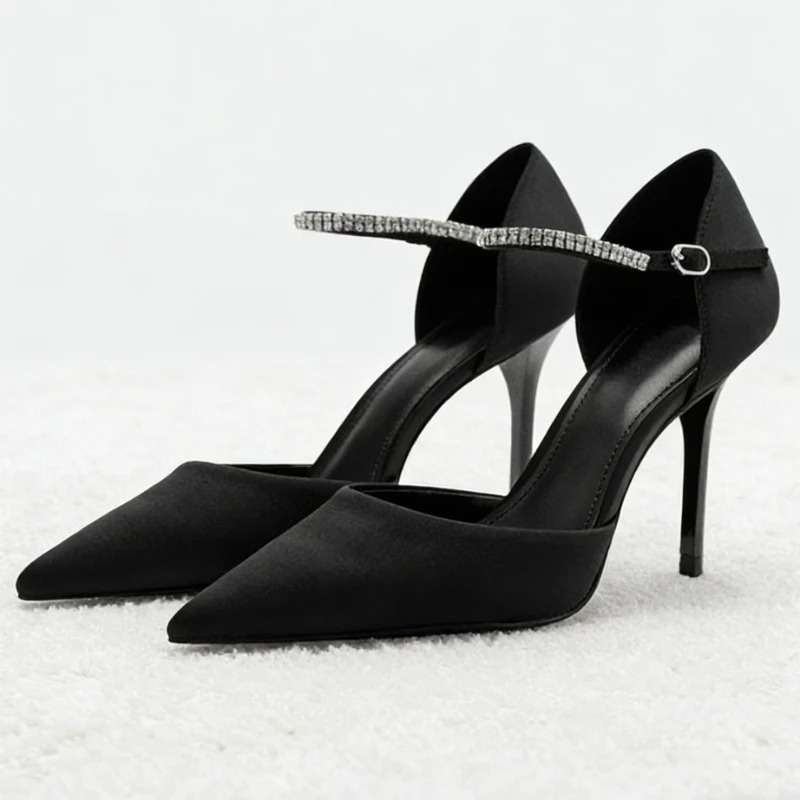 

Luxury Rhinestone Ankle-strap Heels for Ladies Sexy Pointed Toe Hollow Suede Pumps Elegant Banquet Designer High-heeled Sandals