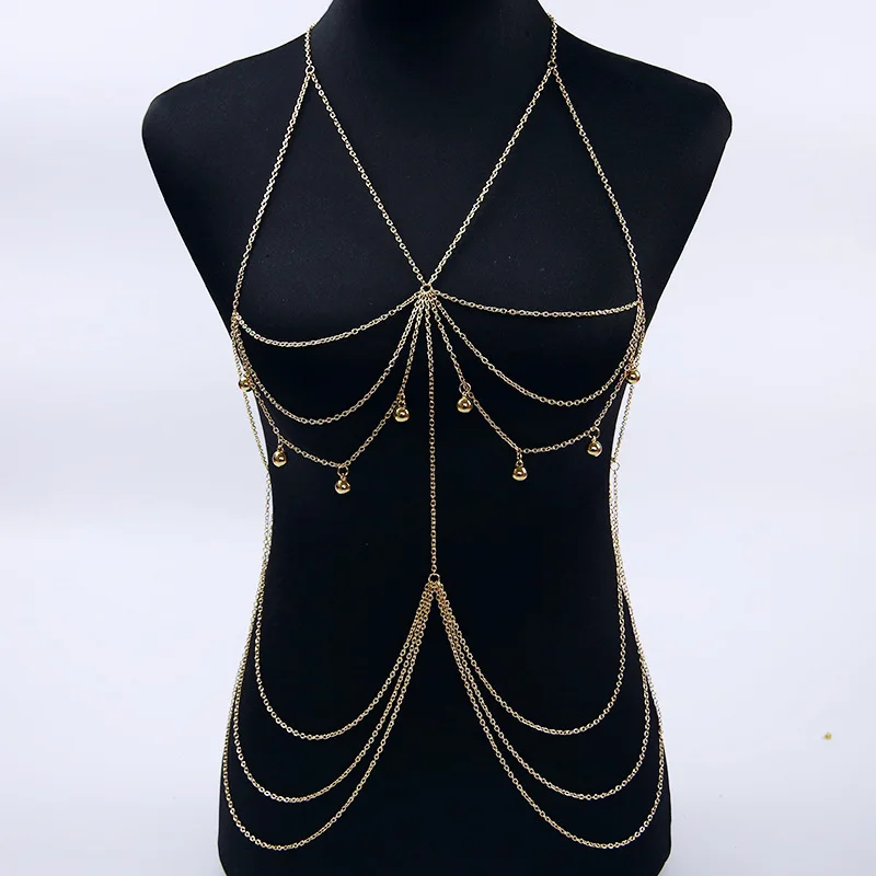 

Luxury Fashion Sexy Body Belly Black Gold Color Tone Body Chain Bra Slave Harness Necklace Tassel Waist Jewelry