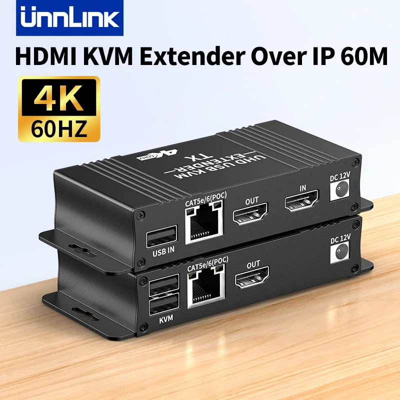 

Unnlink 4K 60Hz 60m HDMI KVM Extender over IP Rj45 Cat6 USB Ethernet Extender 196FT