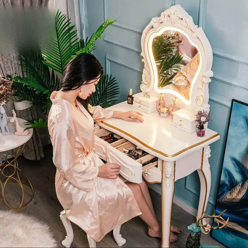 

Drawer Vintage Makeup Vanity Desk Glossy Simple Wood Europa Makeup Vanity Desk Cheap Corner Mirror Kaptafel Bedroom Furniture