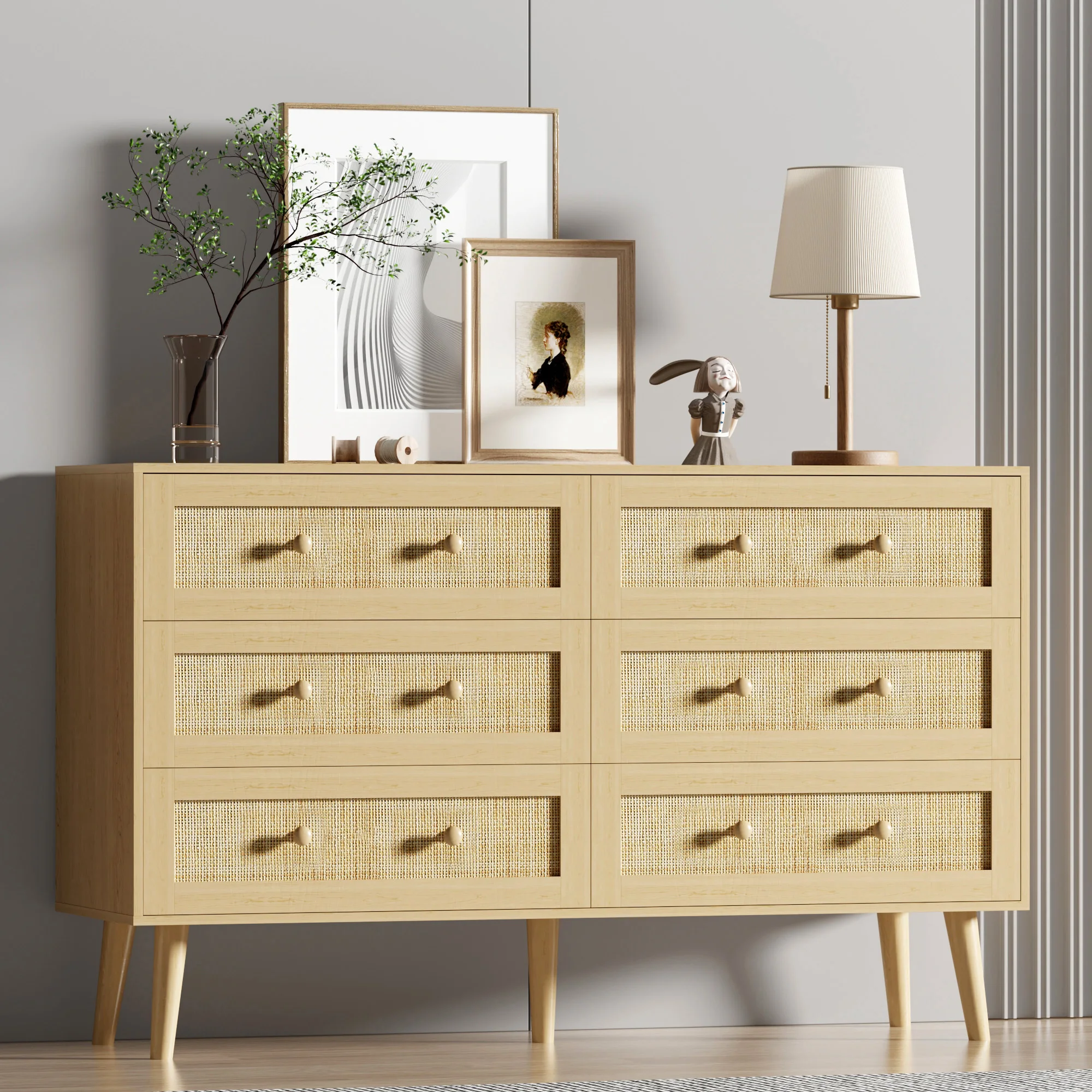 6 Drawer Double Dresser for Bedroom, Natural Rattan Modern Drawer Chest, Wooden Storage for Living Room,Hallway