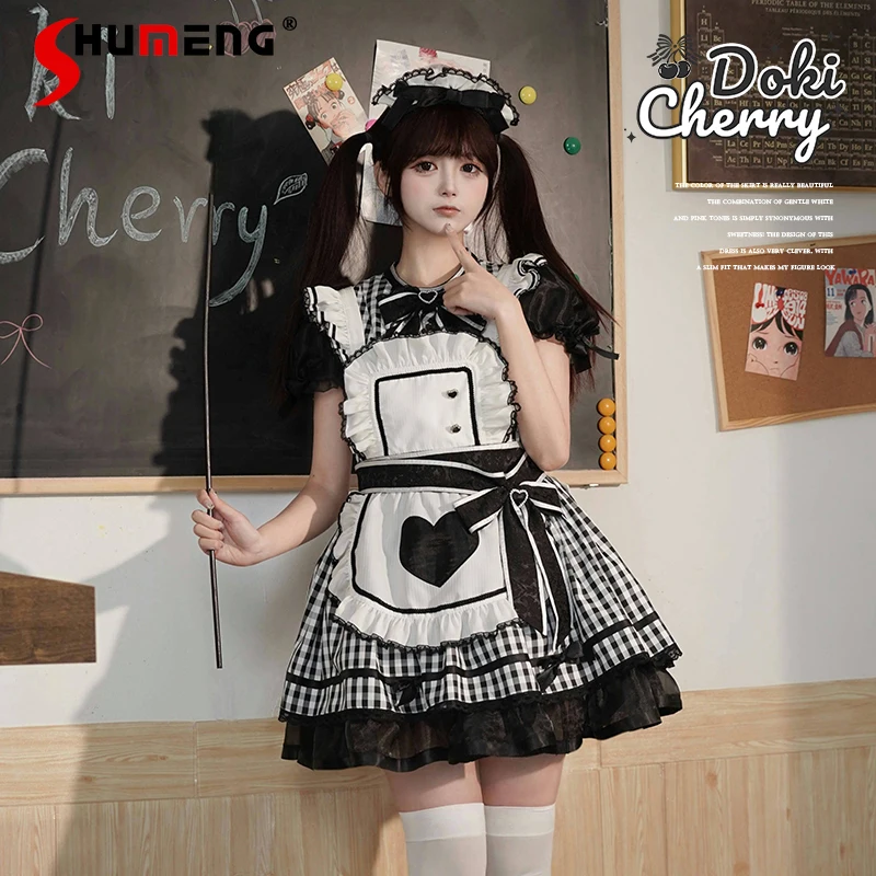 

Original Mine Mass-Produced Black Plaid Short-Sleeve Dress OP Loli Lo Cos Dresses Girls Sweet Bow Princess Dress Maid Outfit