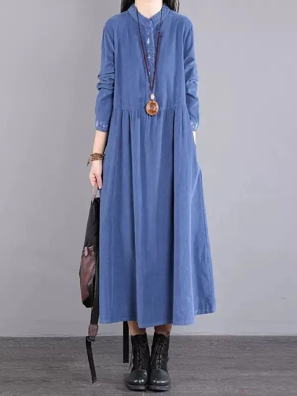 

Большие размеры Midi Dr, женские художественные ретро цветные вельветовые длинные свеки Dr, корейский Sle, прямой крой, вышитый деко...