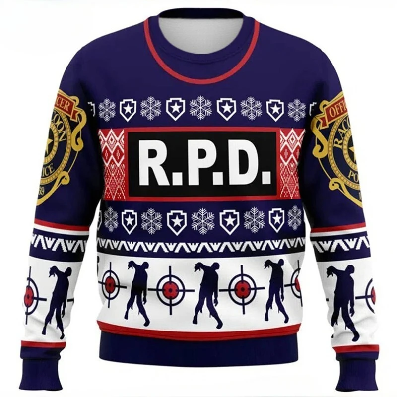 Resident Evil R.P.D. Zombie Ugly Christmas Print Adultos Sudadera con cuello redondo Niños Niñas Casual Invierno Vacaciones Temporada Ropa de calle