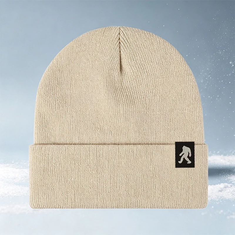Unisex Walking Man Embroidery Knit Beanie, Soft Elastic Fold Cuff Ribbed Skull Hat, Multiple Solid Color Casual Daily Cap