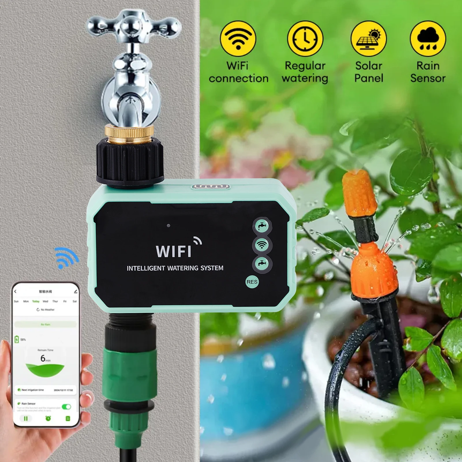 

Solar WiFi Water Timer with APP Remote Control, Rain Sensor, Adjustable Panel Automatic Irrigation Controller for Outdoor