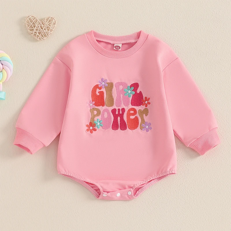 SUNSIOM 0-18 Months Baby Girl Valentine's Day Romper Letter Heart Embroidery Long Sleeve Round Neck Bubble Bodysuits