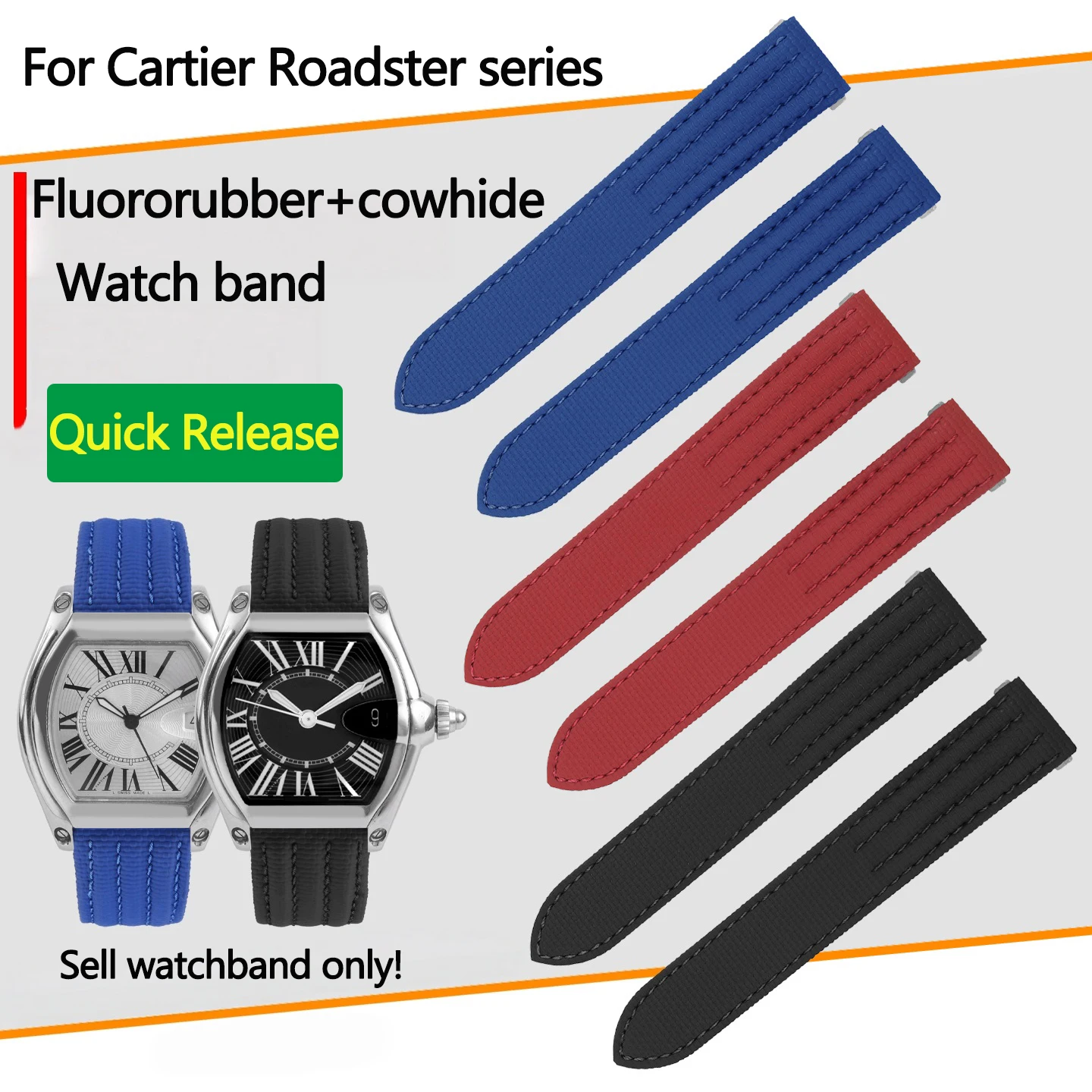19 20mmu new nylon patterned fluororubber strap for Cartier Roadster series W6206018 Quick release FKM+cowhide bottom watchband