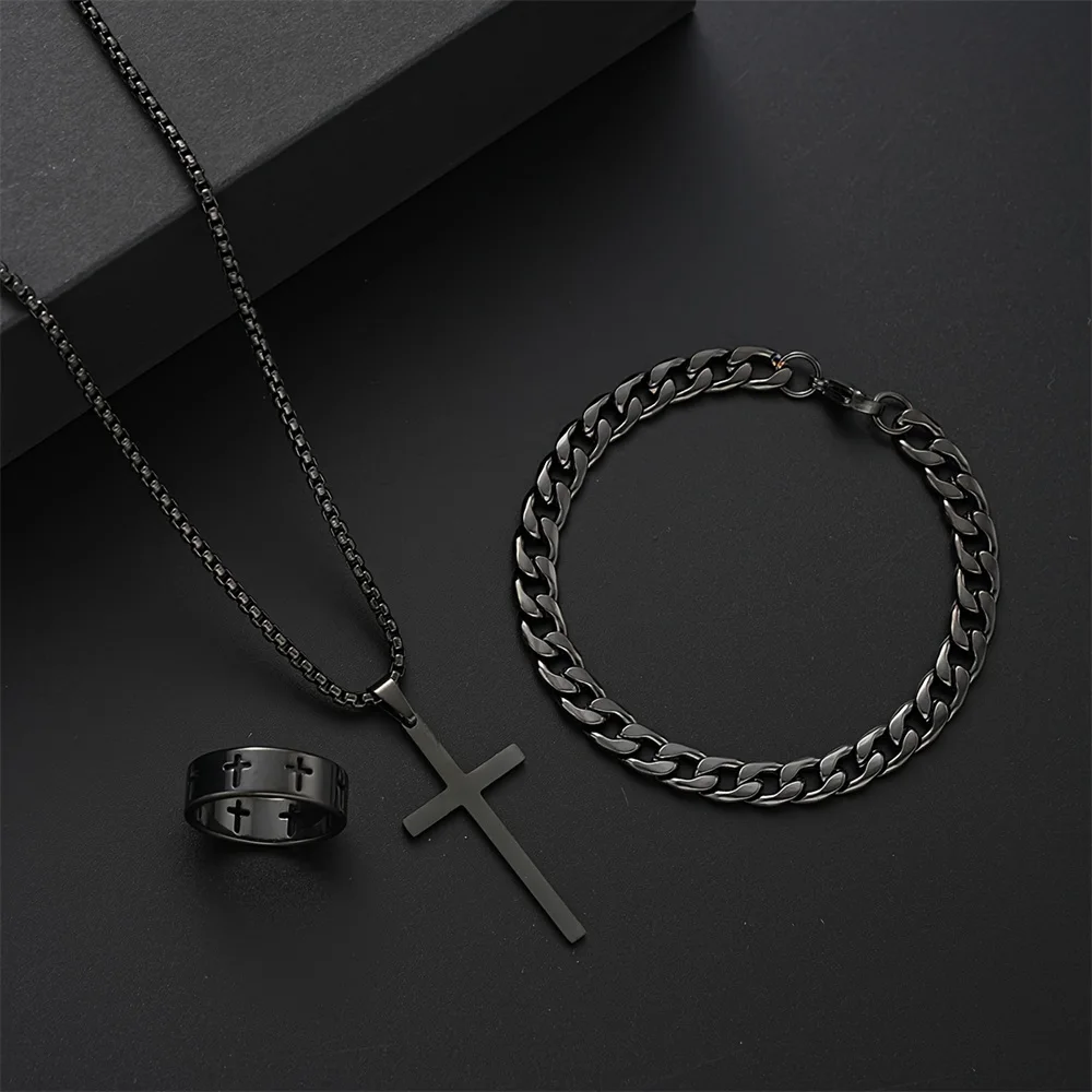 Ensemble de 3 pièces en acier inoxydable pour hommes, pendentif croix en métal, chaîne, collier, Bracelet, bague, ensemble de bijoux, Hip Hop, accessoires pour usage quotidien