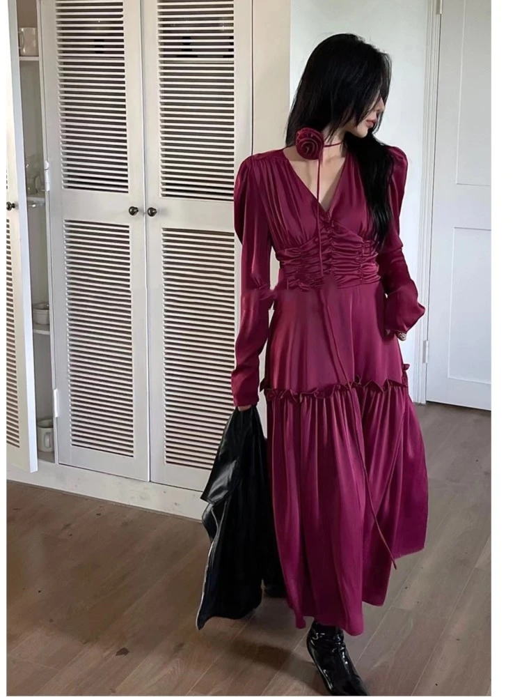 Autumn Satin Midi Dresses for Women Long Sleeve V-neck Folds Design A-line Korean Fashion Office Lady One Piece Vestidos New