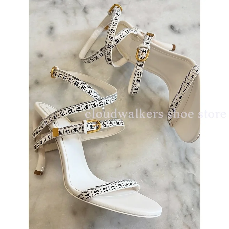 

Novelty Black White Tape Measure Strap Peep Toe Women's High-Heeled Sandals Cross Strap Buckle Strange Style Heel Catwalk Sandal