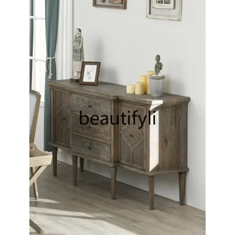 

Country Style White Oak Carved Storage Cabinet Living Room Dining Room Sideboard Cabinet Homestay Bowl Cabinet