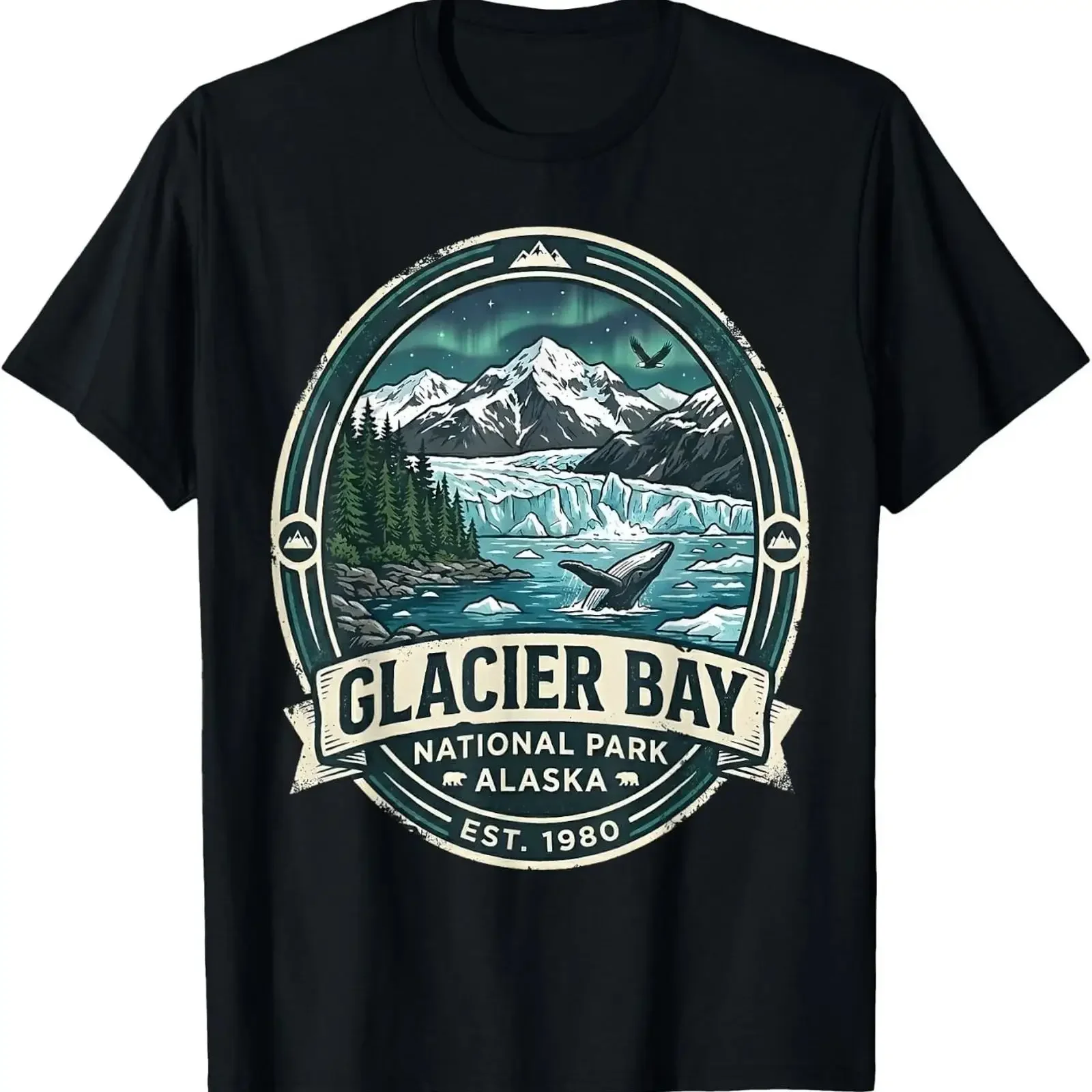 Glacier Bay National Park Alaska Vintage Whale Mountains T Shirt vintage Washed graphic Unisex homme Stretched Breathable