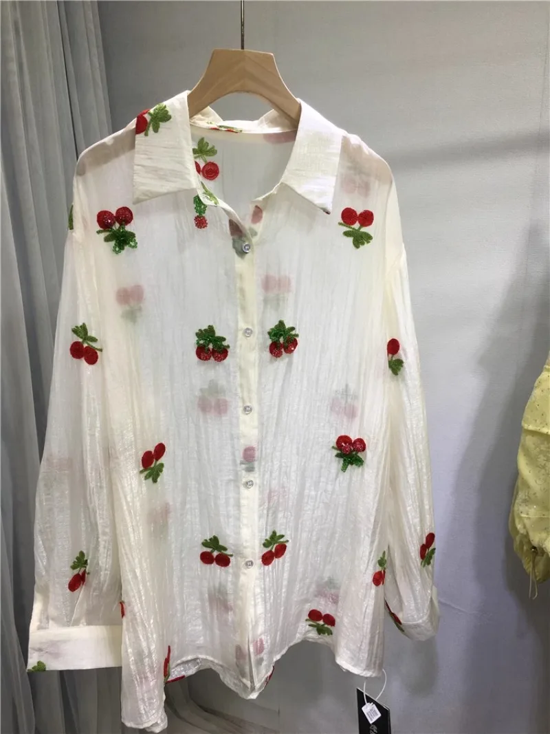 

Sweet Embroidery Cherry Beads Loose Cardigans Top Mid-long Summer Long Sleeve Sunscreen Shirt Soft and Silky Casual Women Blouse