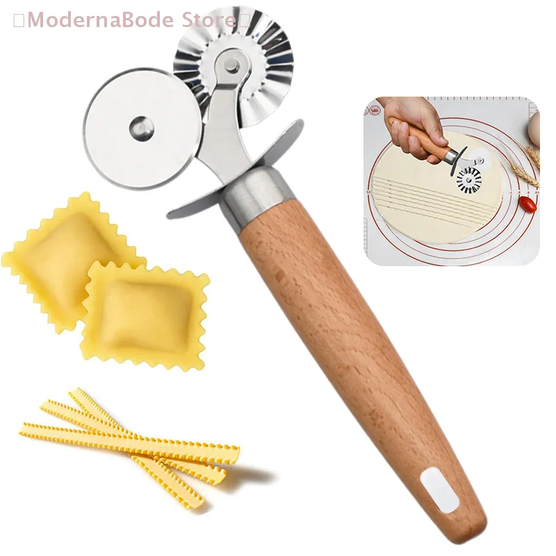 Cortador de Pasta en Forma de Rueda - Cortador de Pasta Acanalado de Doble Rueda con Mango de Madera para Pasta, Pizza, Ravioles y Galletas
