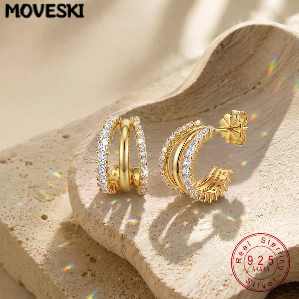 925 Sterling Silver Triple Row C Hoop Earrings 14K Gold Plated D Color VVS Moissanite Stud Earrings For Women Fine Jewelry Gift
