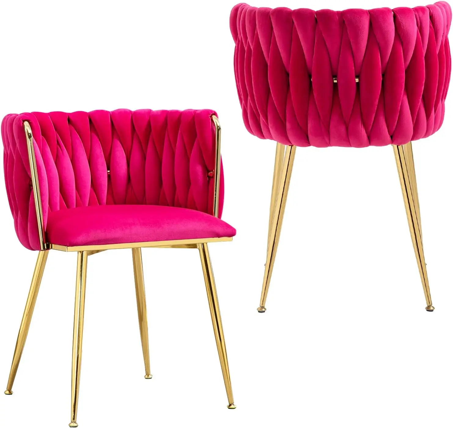 Modern Velvet Dining Chairs Set of 2 Hand Weaving Accent Upholstered Side Chair with Golden Metal Legs for Dining Room Kitchen V