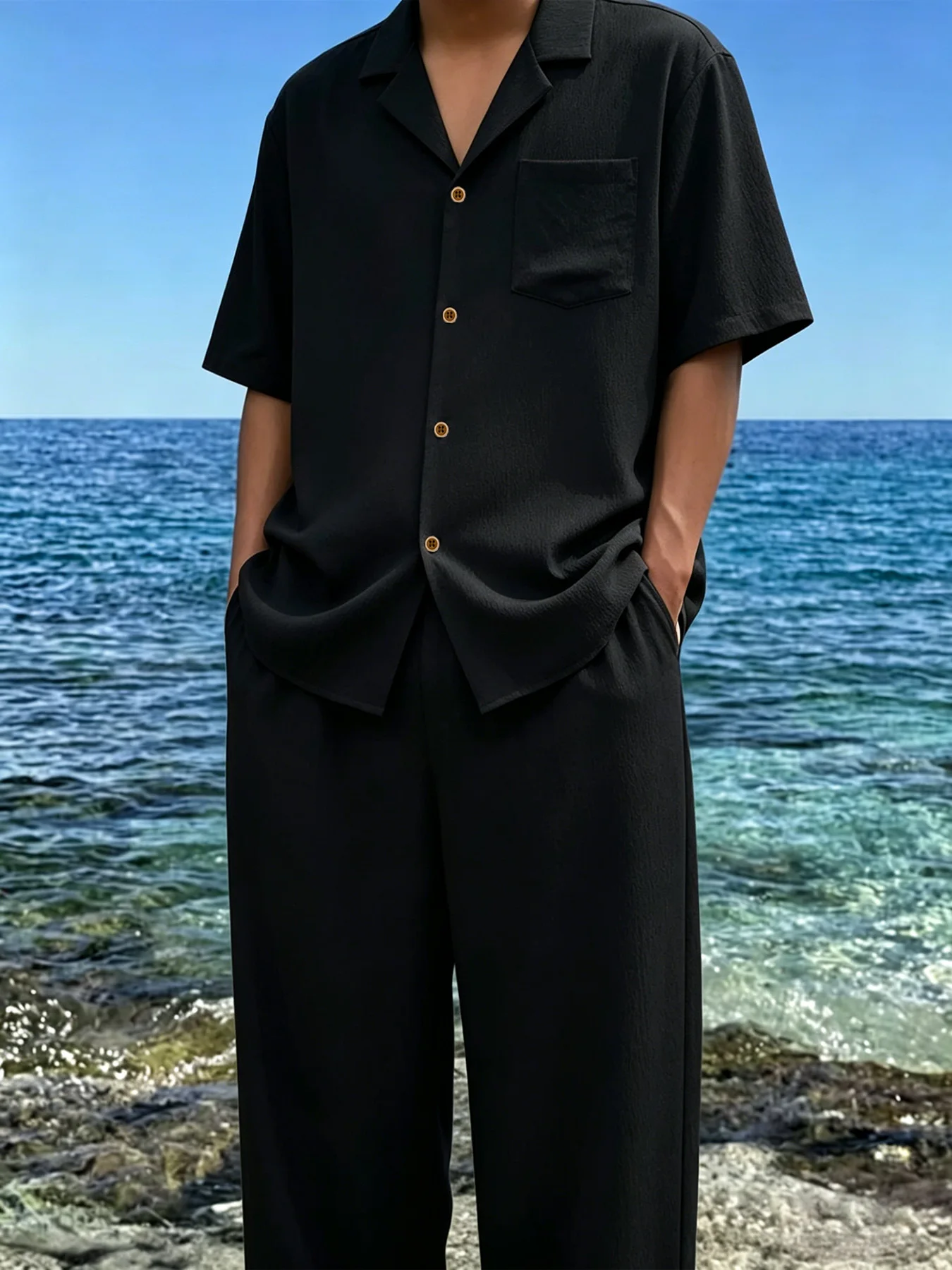 Men 2 Piece Crinkle Textured Vacation Matching Set Cuban Notch Collar Chest Pocket Short Sleeve Button Shirt Elastic Drawstring