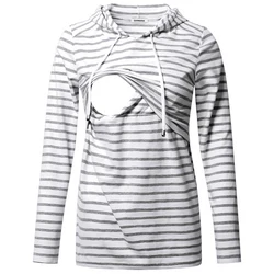 Maternity Nursing Tops Sweatshirt Long Sleeve Striped Breastfeeding T-shirts Clothes for Pregnancy Women