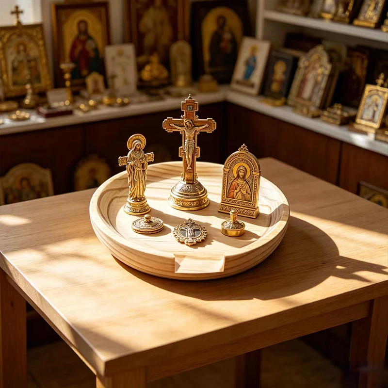 Luxury Orthodox Altar Decoration Set Jesus Christ Icon Gold Censer and Chalice Wood Tray for Divine Liturgy Religious Home Decor