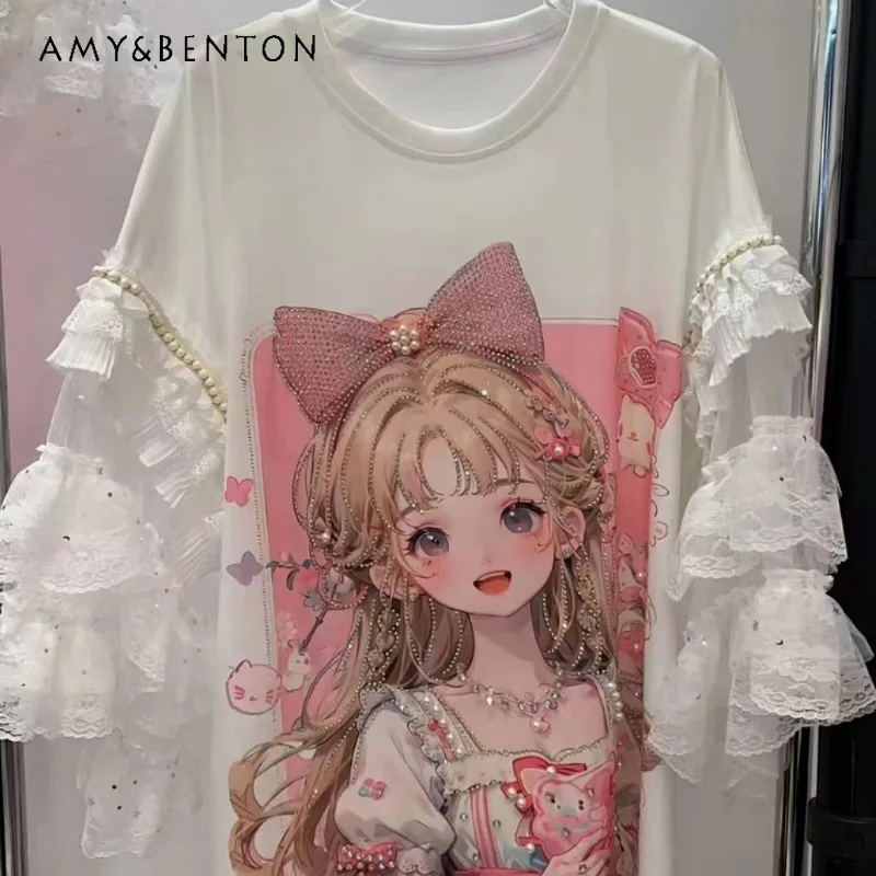 Korean New Style Doll Collar Cute Cartoon Lace Sleeve Tshirt Women's Heavy Work Beaded Printed Fashionable Sweet Top Tees Summer