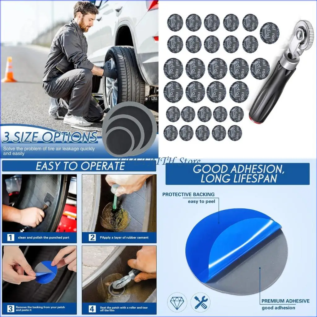 

124B 31Pcs Universal Tire Repair Set with Strong Rubber Patches & Steel Roller Tire Puncture Repair for Long Lasting Fixes