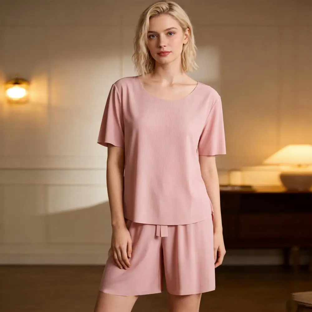 

Women Pajama Set Two-piece Loungewear Women's Ice Silk Pajama Set Short Sleeve Pullover Top Summer Loungewear Pants Lightweight