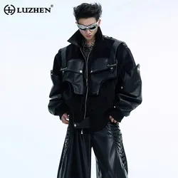 LUZHEN PU Leather Splicing Short Woolen Jacket Thick High End Fashion Motorcycles Men Cold Cotton Coats Niche Design 2024 LZ7161