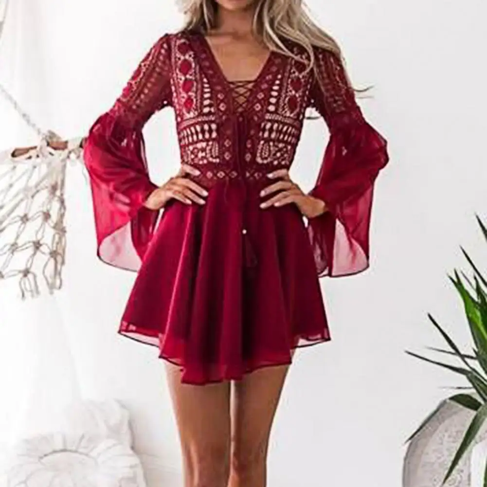 Women Dress V Neck Hollow Out Solid Color Horn Sleeve Dress Above Knee Lace Patchwork See-through Mesh Mini Dress Women Clothes