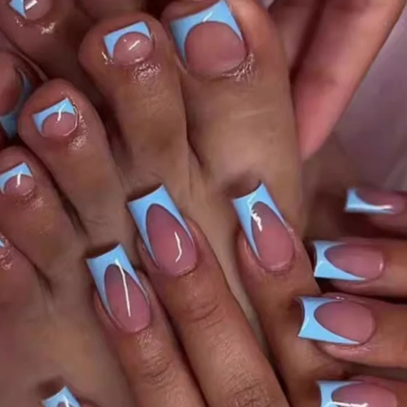 

48PCMedium Press Nail Square And Press Toe Nail Set, Blue French Pointed Full Coverage Nail, French Press Toe Nail, Acrylic NailZ