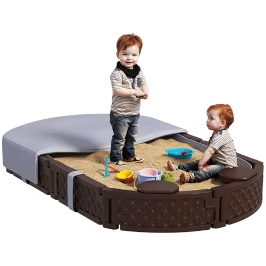 

Outdoor kids sandbox with cover for backyard lawn garden beach patio; HDPE material brown color waterproof bottom liner and wea
